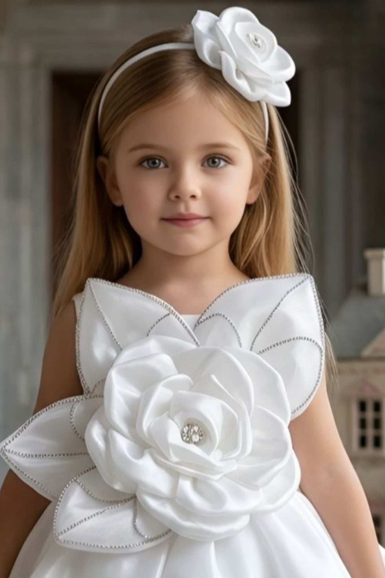 White 3D Floral Party Wear Frock for Girls