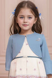 Blue And Cream Printed Casual Dress With Overcoat For Girls