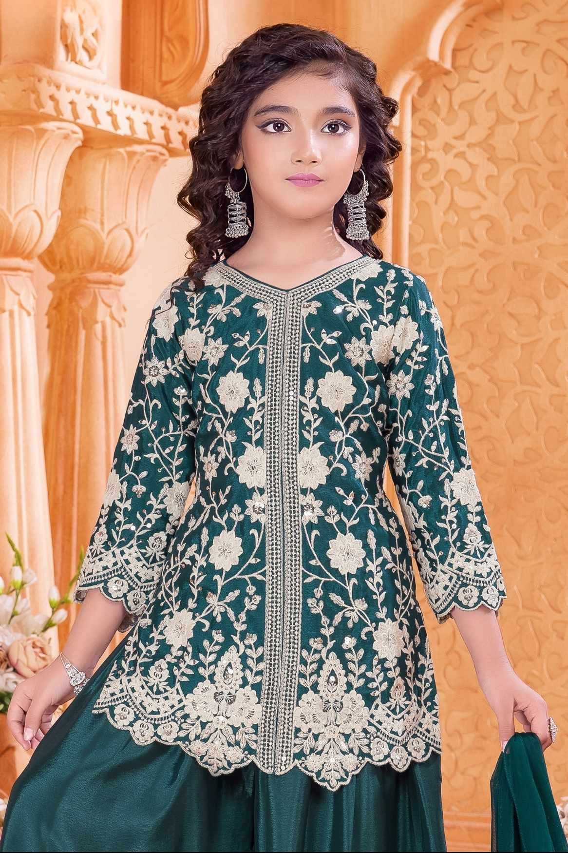 Emerald Green Zari Embroidered Palazzo Set For Girls