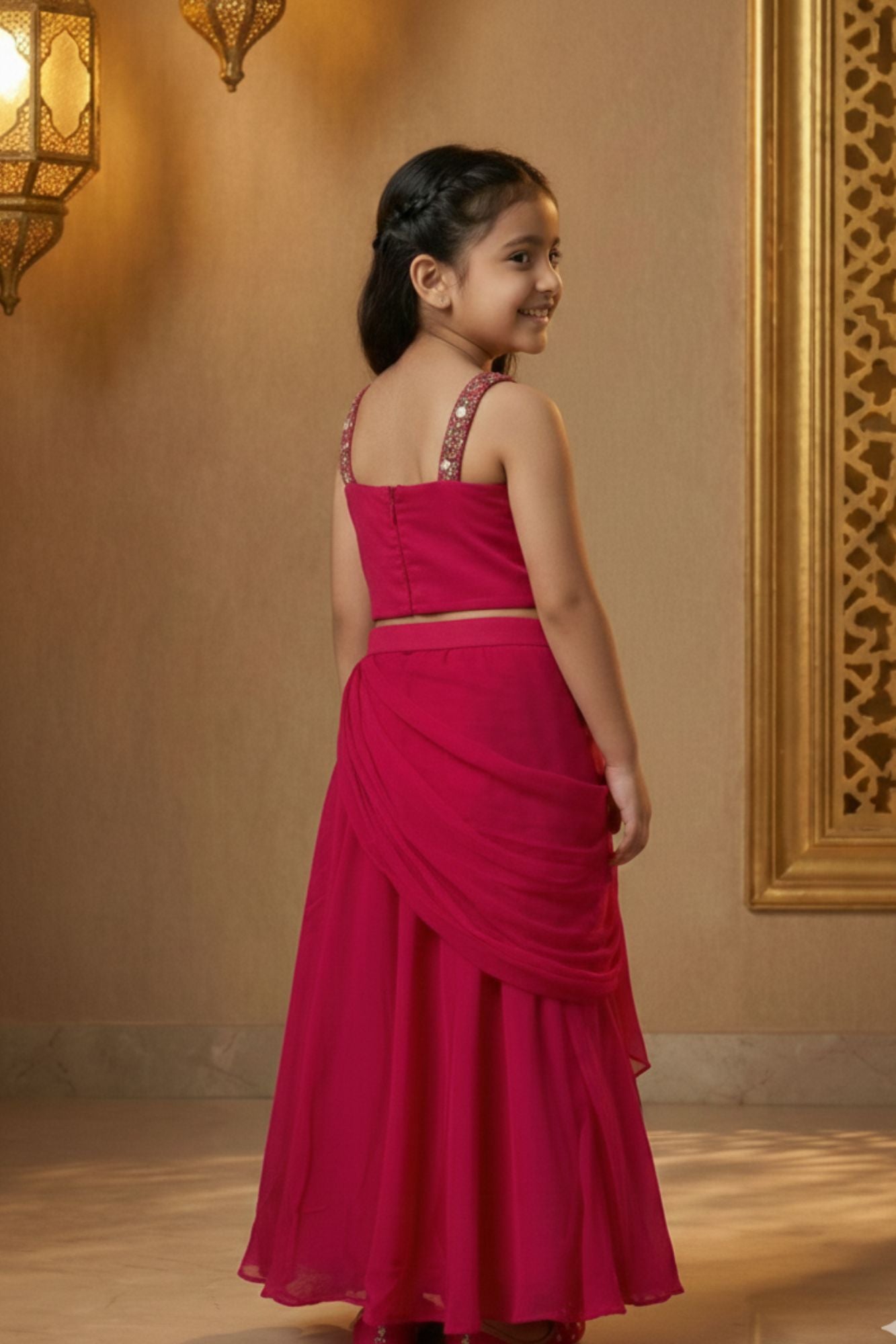 Rani Pink Embroidered Lehenga Choli Set For Girls