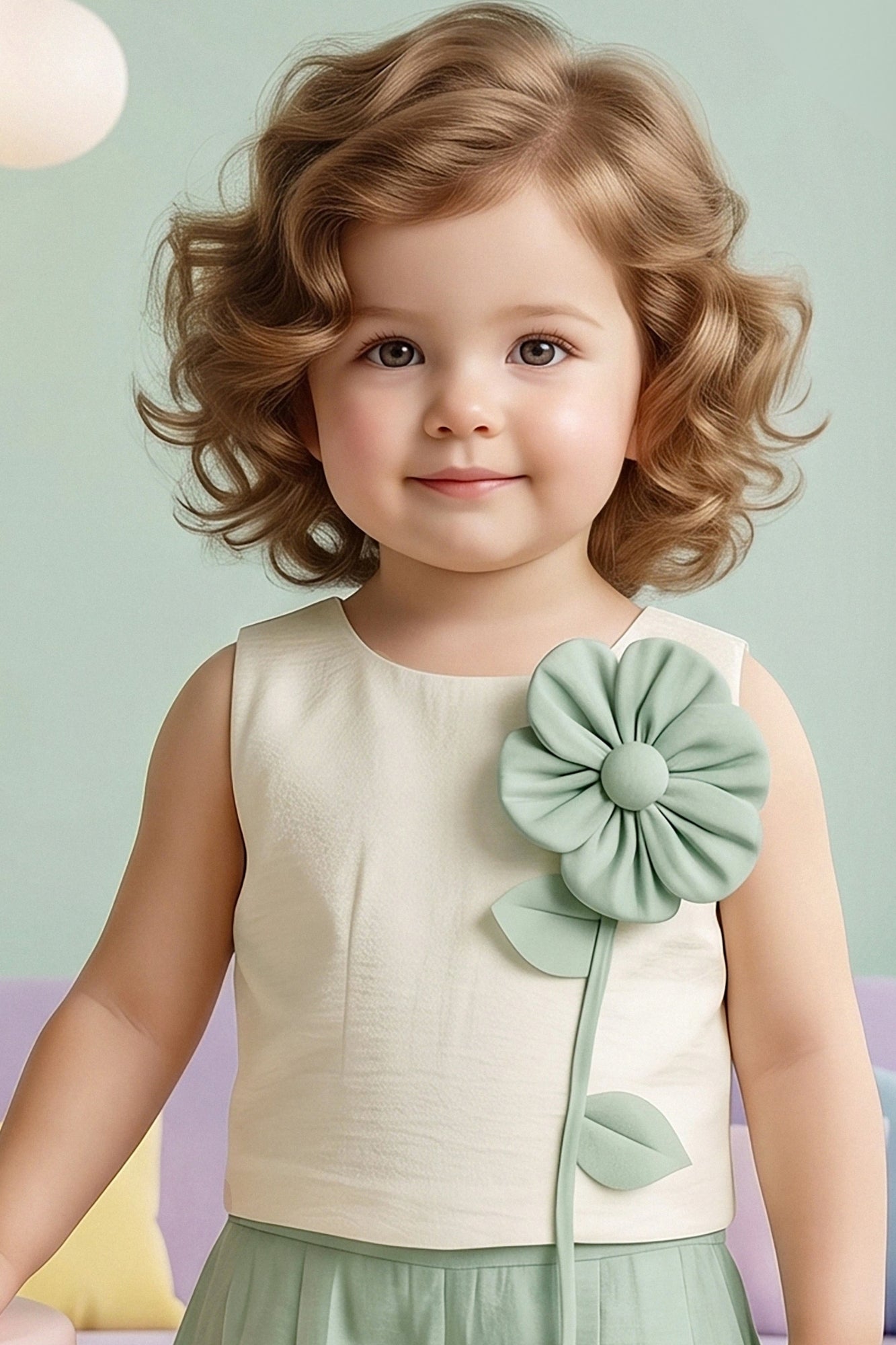 Girls Cream and Mint Green Floral Applique Top with Shorts Co Ord Set