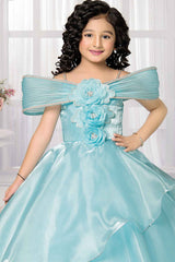 Sky Blue Party Wear Gown With Floral Embellishment For Girls