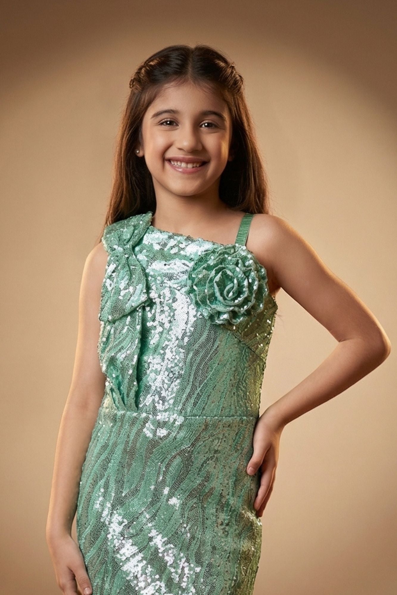 Mint Green Sequin One-Shoulder Floral Appliqué Party Wear Gown For Girls
