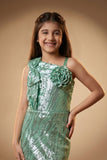 Mint Green Sequin One-Shoulder Floral Appliqué Party Wear Gown For Girls