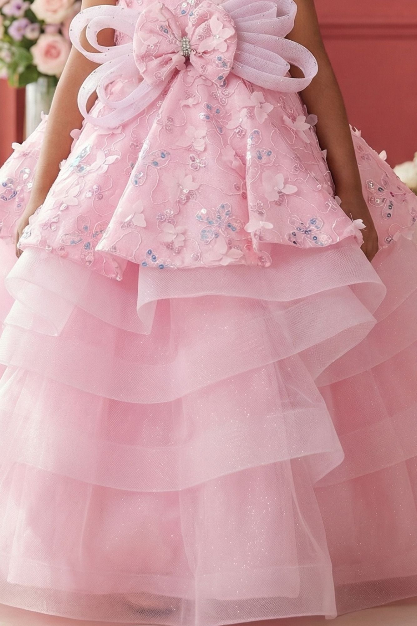 Girls Pink Layered Party Wear Gown with Floral Embroidery And Statement Bow
