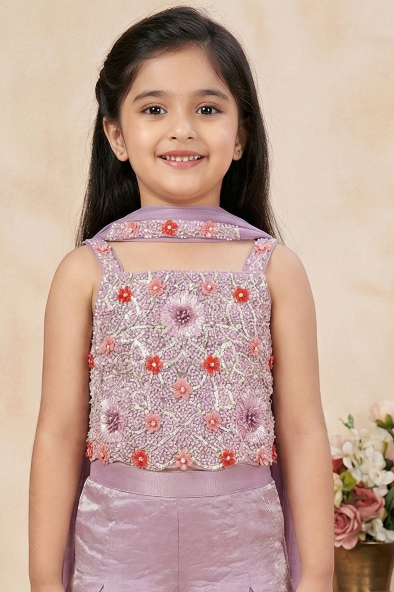 Lavender Embroidered Palazzo Set With Dupatta For Girls