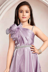 Designer Lavender Satin Gown With Stone Waist Band For Girls