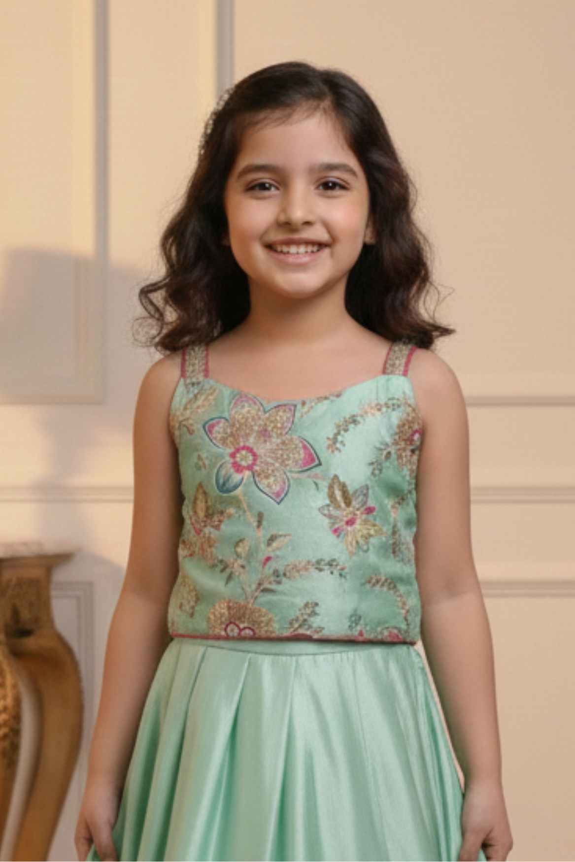 Sea Green Floral Embroidered Lehenga Choli Set For Girls