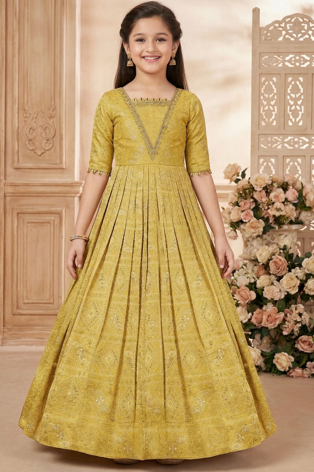 Mustard Yellow Ethnic Gown with Embroidered Neckline For Girls
