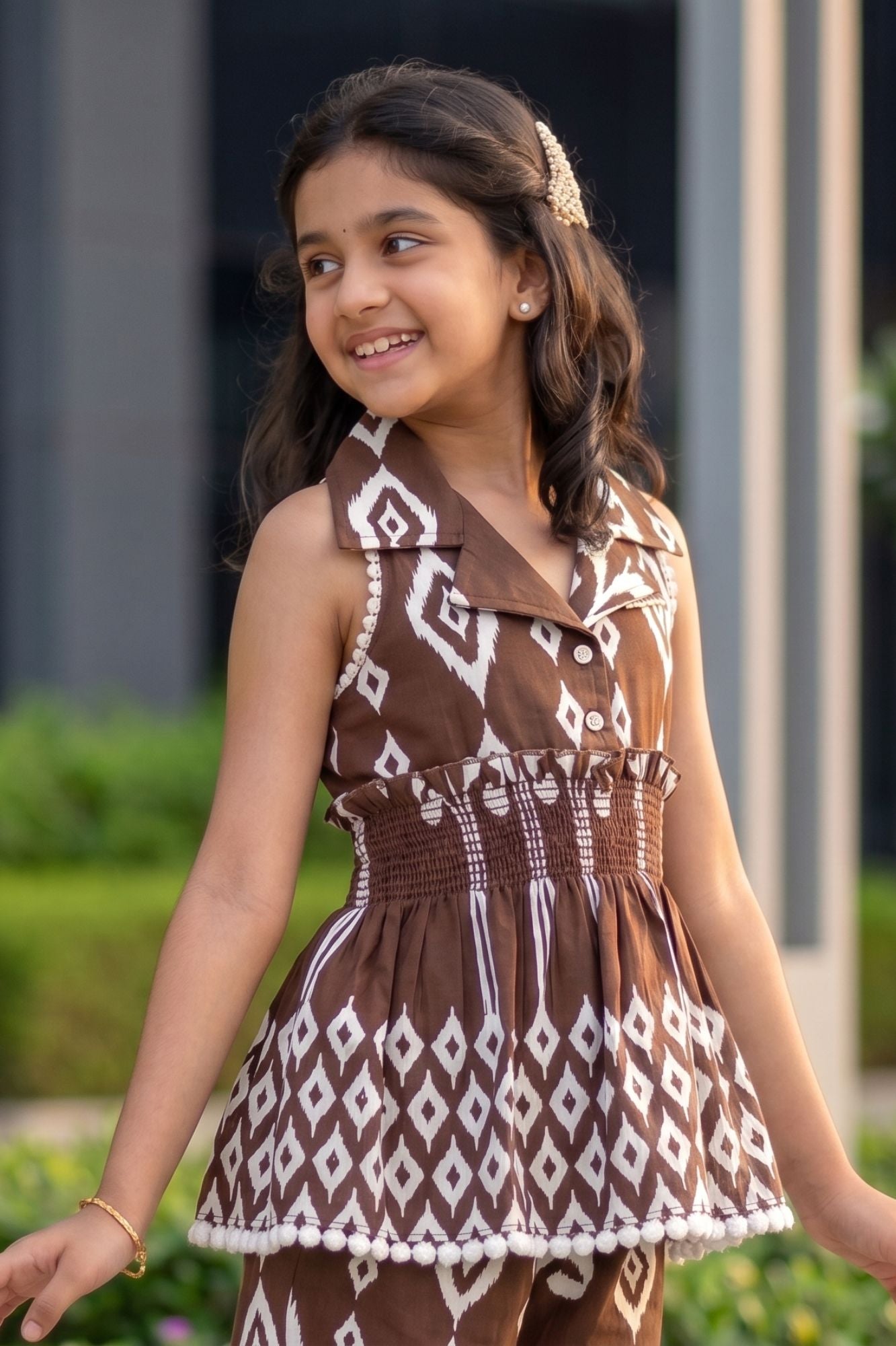 Brown And White Printed Sleeveless Co-Ord Set with Wide-Leg Pants for Girls