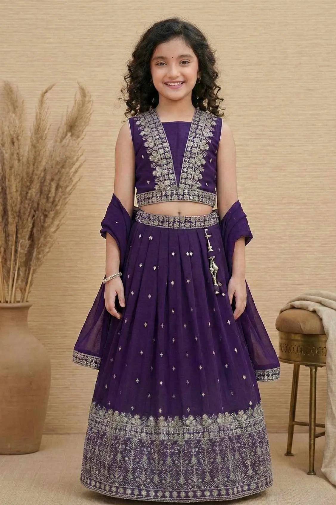 Royal Purple Embroidered Lehenga Choli Set with Dupatta For Girls