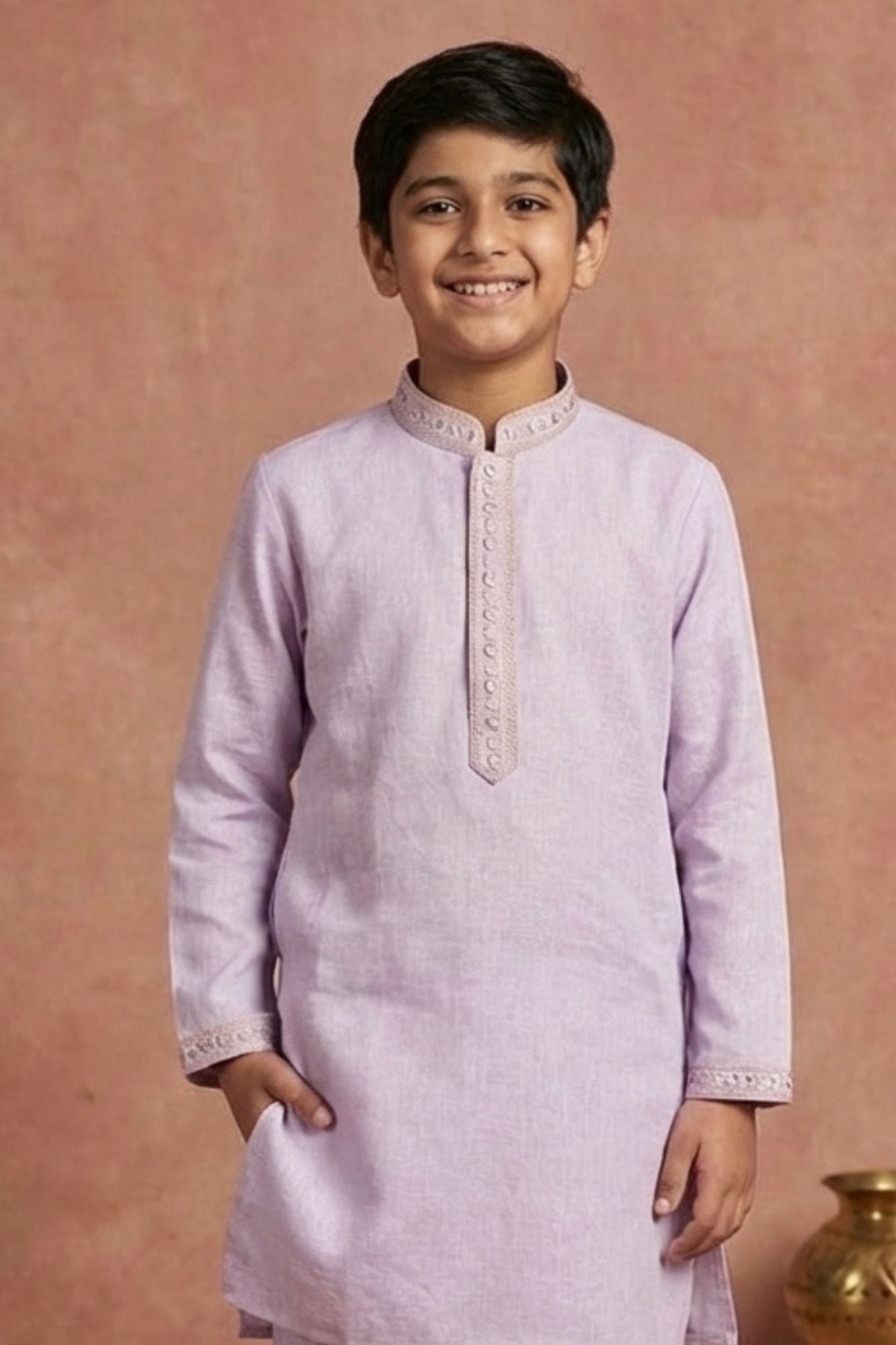 Lavender Embroidered Linen Kurta Set For Boys