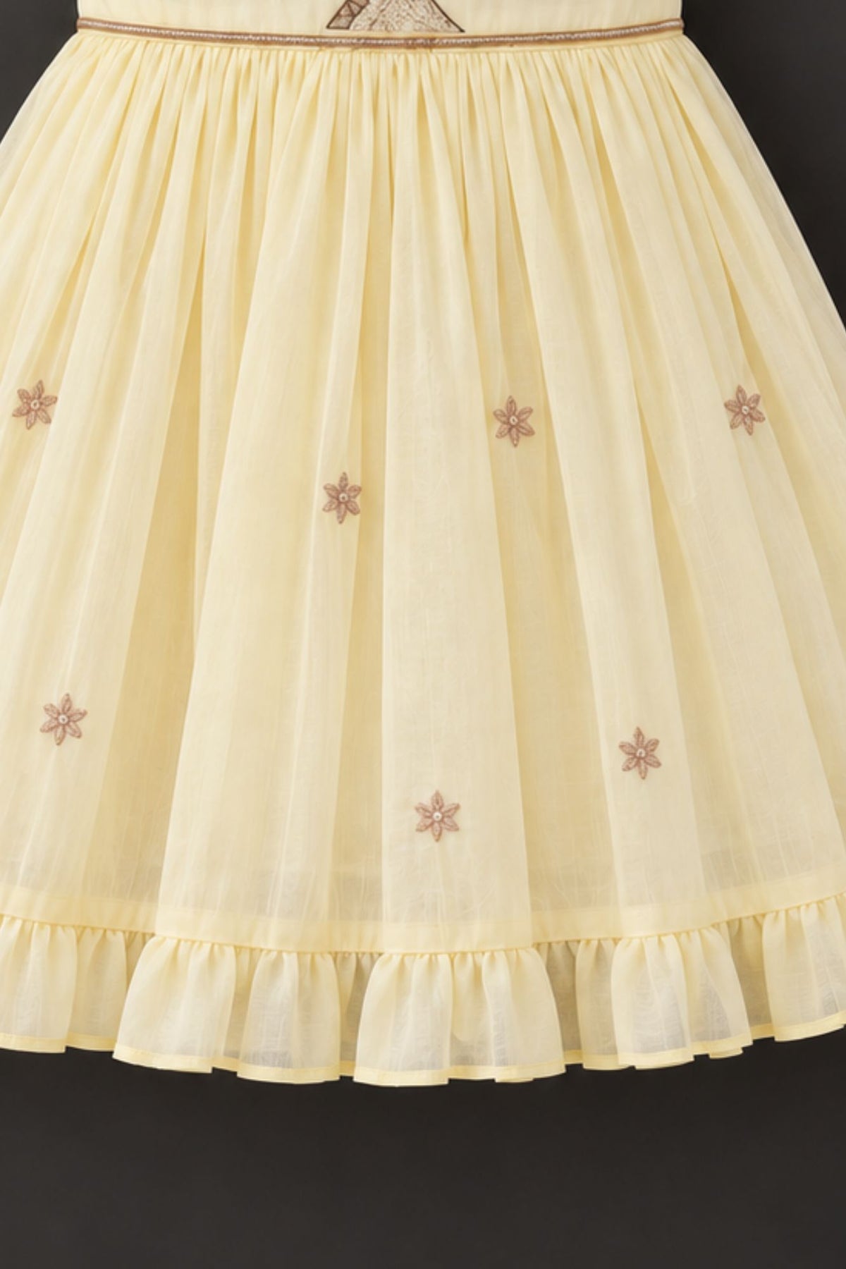 Pastel Yellow Tree Embroidered Ruffle Sleeve Flared Dress For Girls