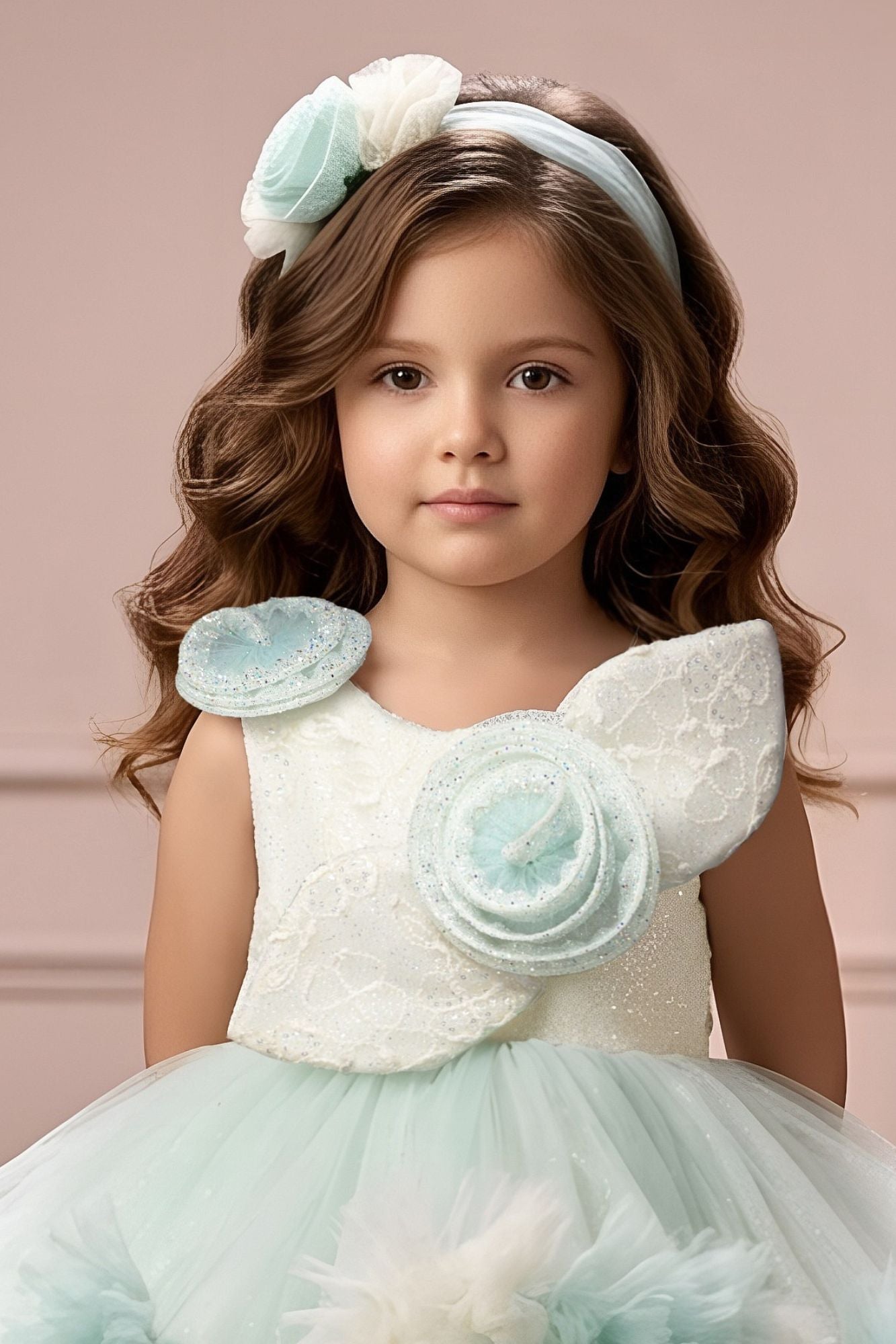 Girls Mint Green & Ivory High-Low Ruffle Party Dress