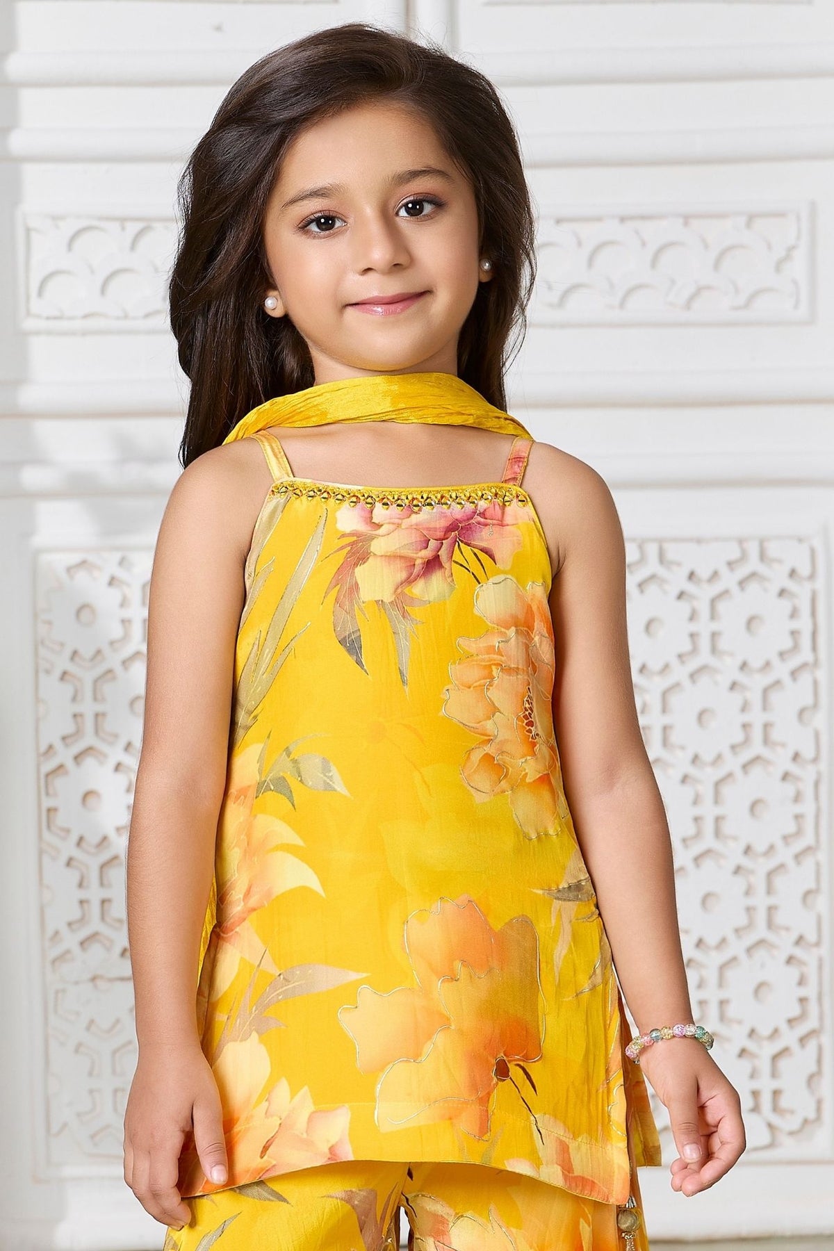 Girls Yellow Floral Foil Printed Palazzo Set With Dupatta