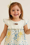 White & Yellow-Blue Floral Cotton Dress with Ruffle Sleeves For Girls