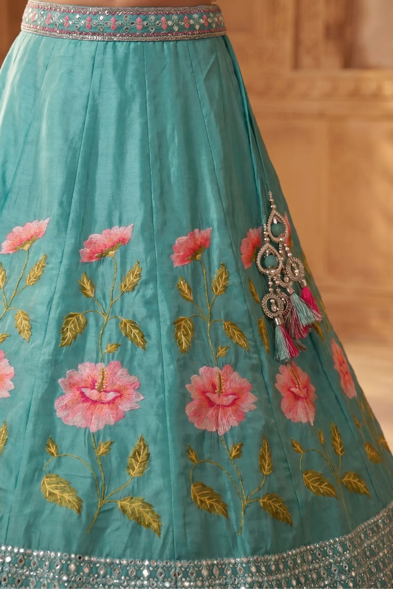 Pista Floral Embroidered Lehenga Choli Set With Dupatta for Girls