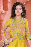 Golden Yellow Embroidered Ethnic Co-Ord Set With Jacket And  For Girls
