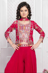 Rani Pink Embroidered And Sequin Palazzo Set With Overcoat For Girls