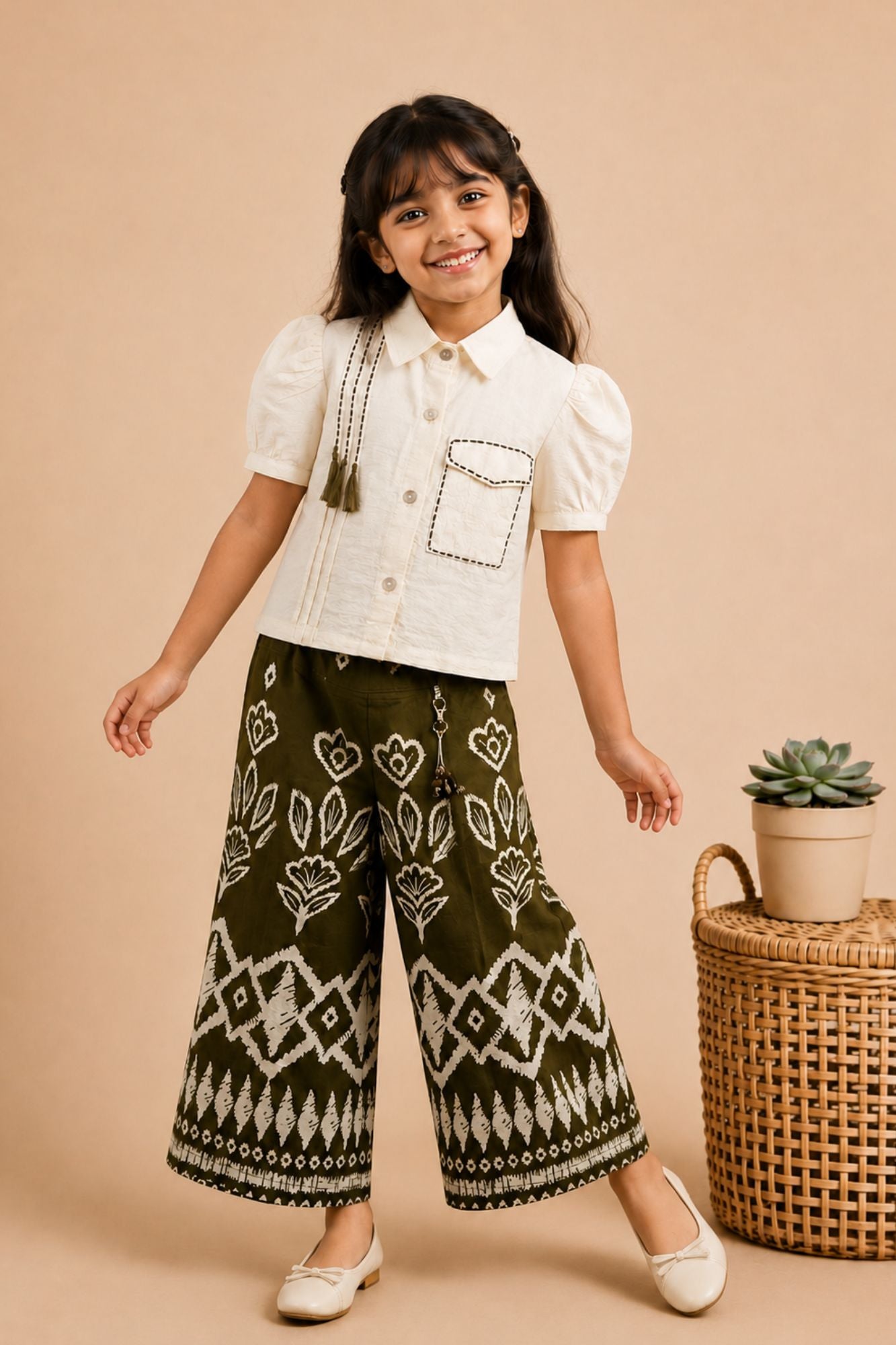 Girls Green Puff Sleeve Shirt Top And Printed Wide-Leg Culotte Co-Ord Set