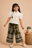 Girls Green Puff Sleeve Shirt Top And Printed Wide-Leg Culotte Co-Ord Set