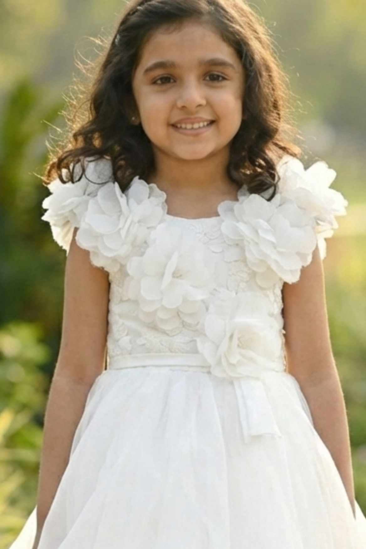 Cream Ruffle Layered Party Gown For Girls
