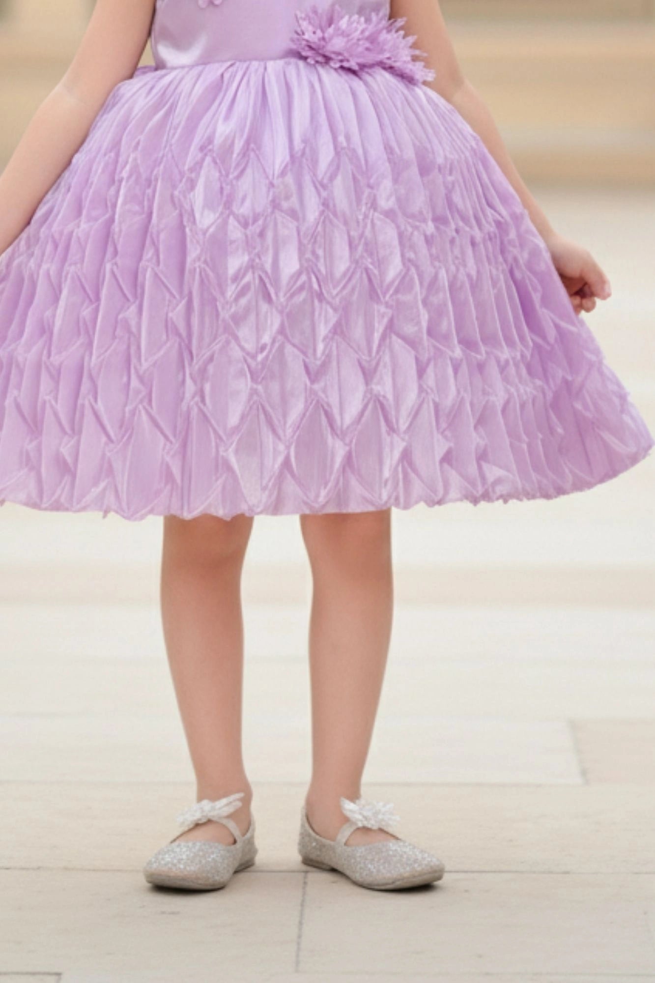 Lavender Embellished Party Wear Frock with Textured Pleated Skirt For Girls
