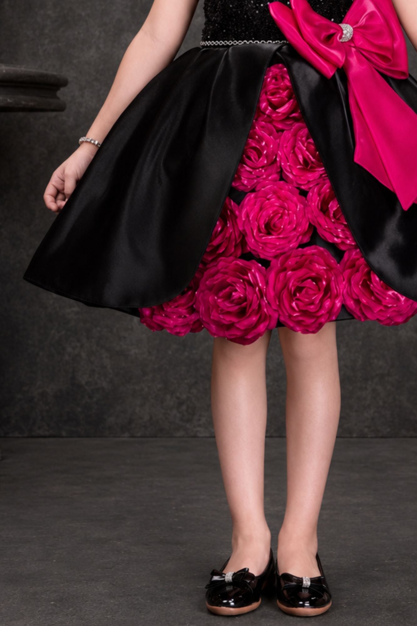 Black & Fuchsia Floral Party Wear Frock with Statement Bow