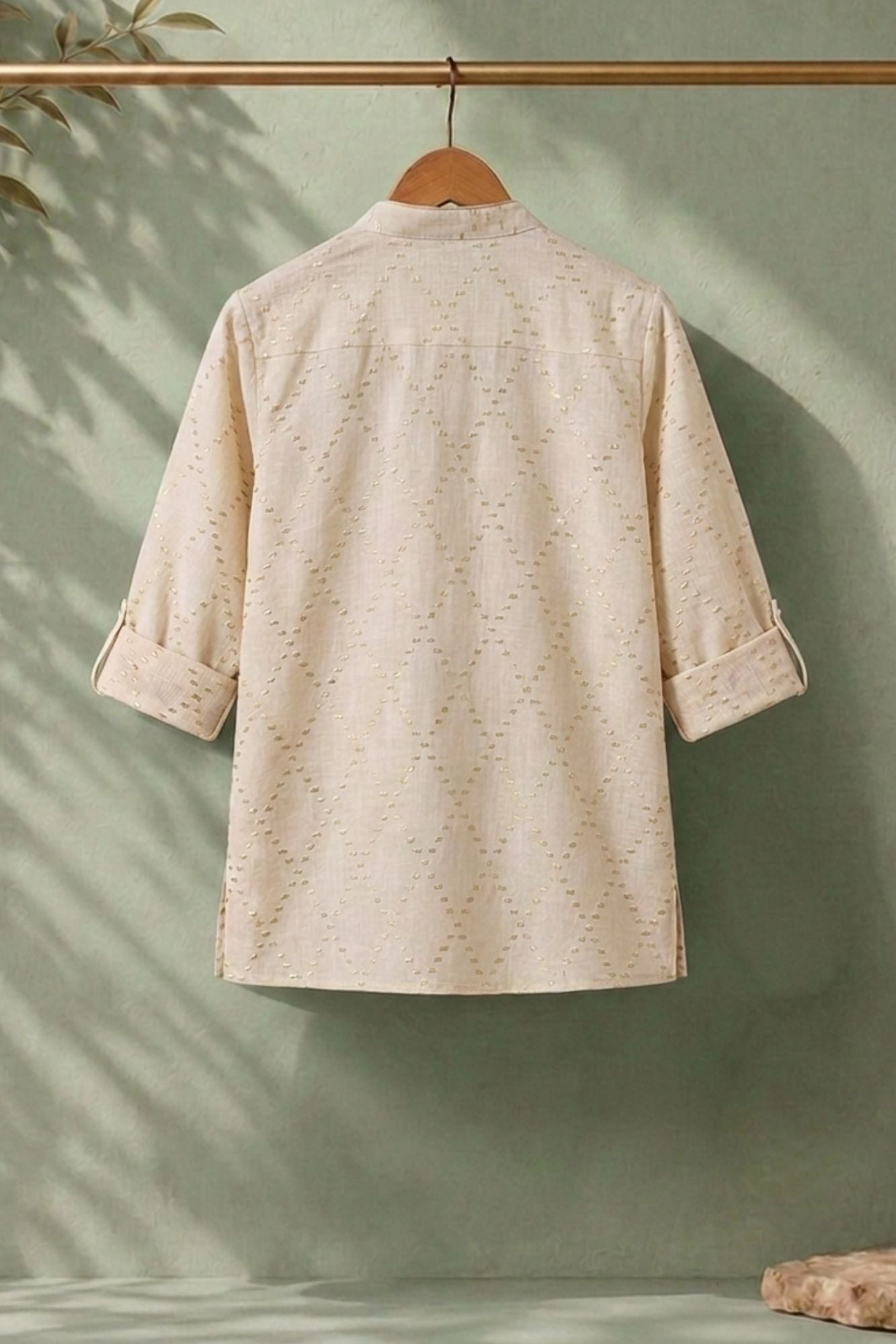 Fawn Geometric Thread Embroidered Pure Linen Kurta