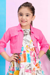 Pink Printed Frock With Denim Jacket For Girls