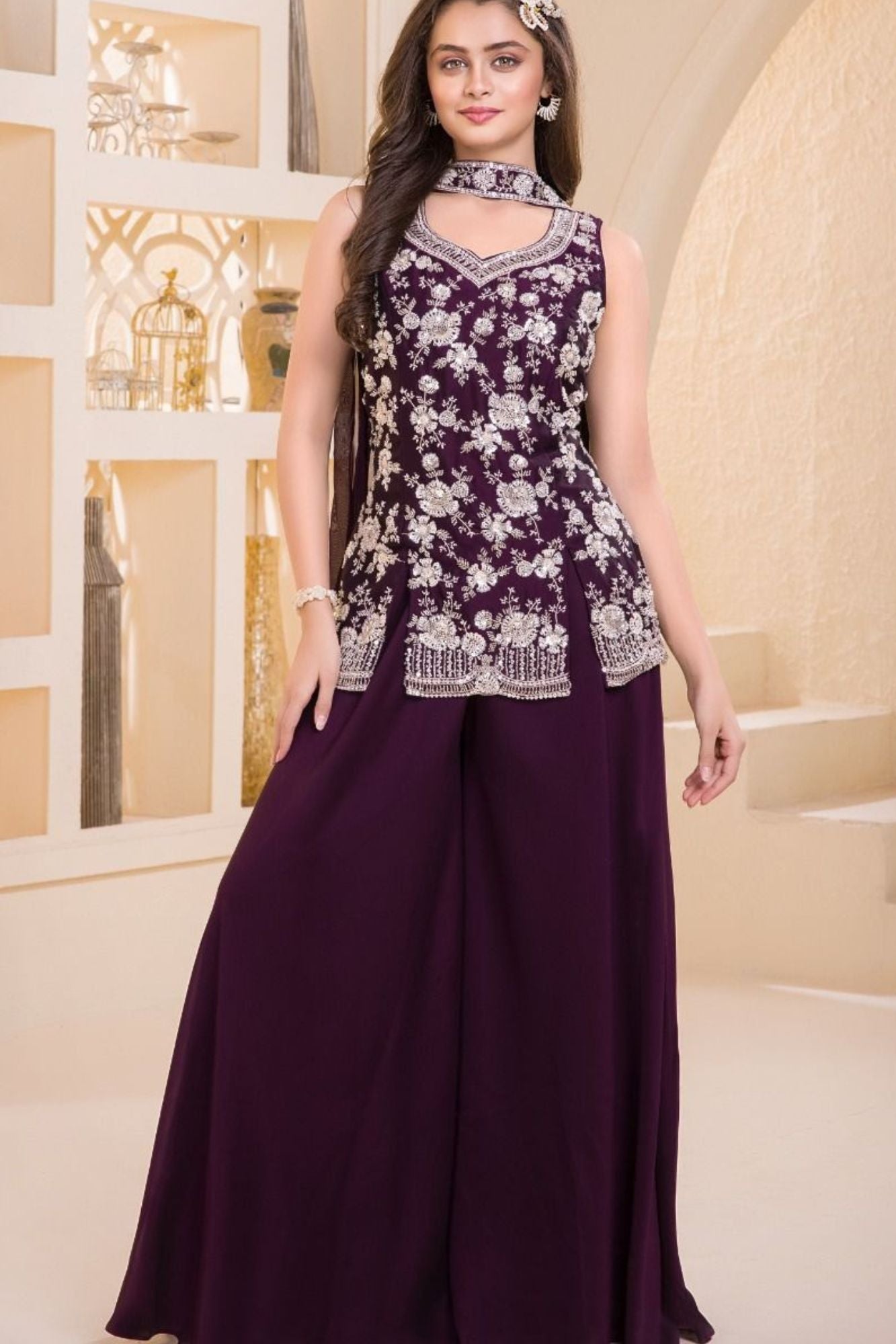 Wine Embroidered Georgette Palazzo Set For Girls