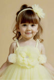 Lemon Yellow Ruffle Frock With Floral Embellished For Girls