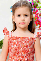 Red Ruffle Sleeveless Smocked Frock For Girls