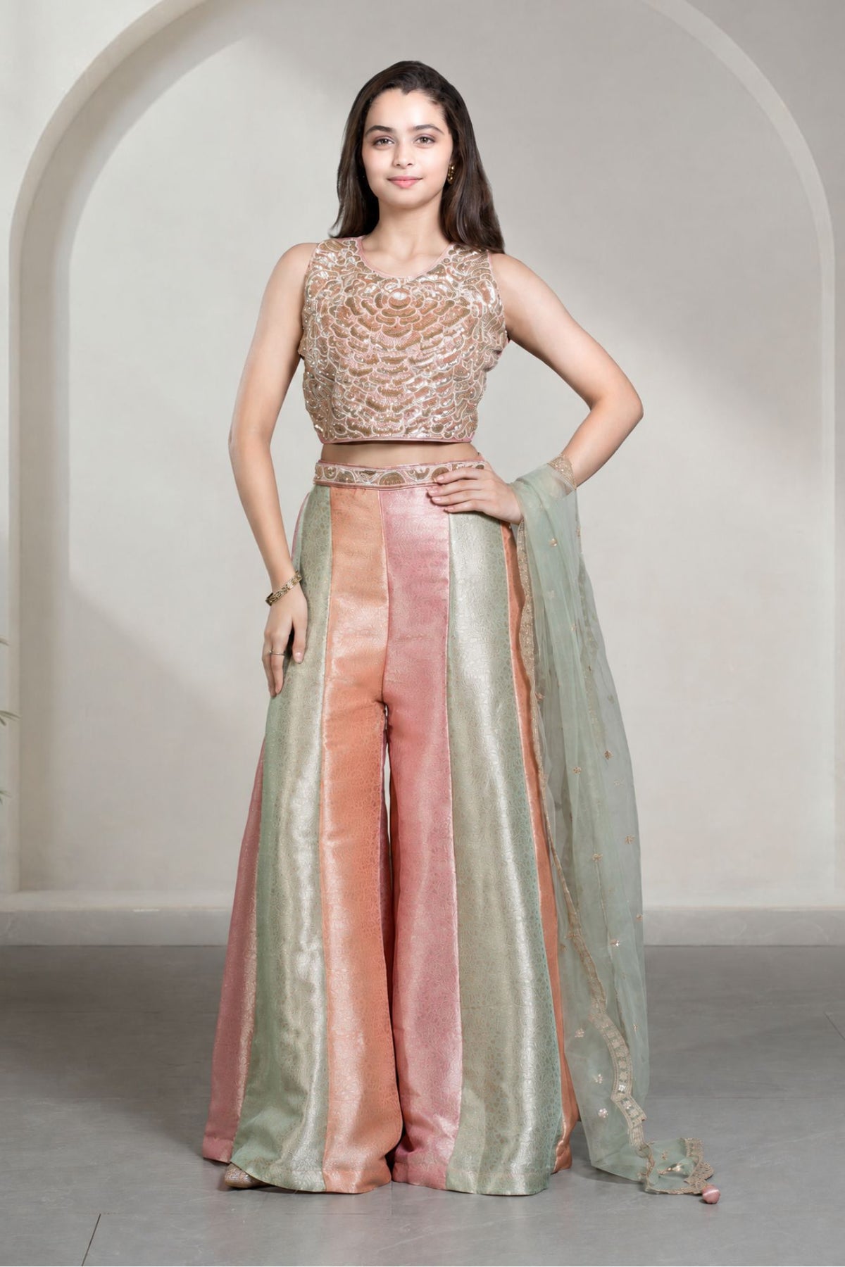 Girls Blush Pink & Mint Green Sequin Embellished Palazzo Set With Dupatta