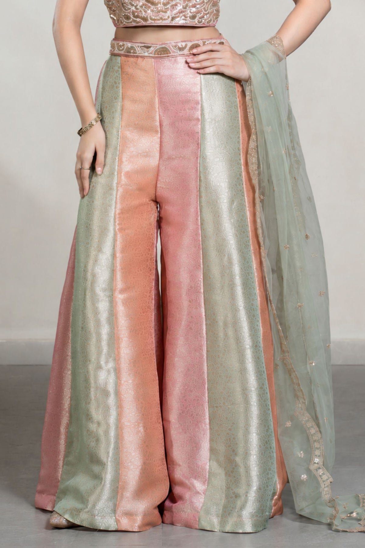 Girls Blush Pink & Mint Green Sequin Embellished Palazzo Set With Dupatta