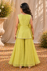 Girls Lime Green Floral Embroidered Palazzo Set With Dupatta
