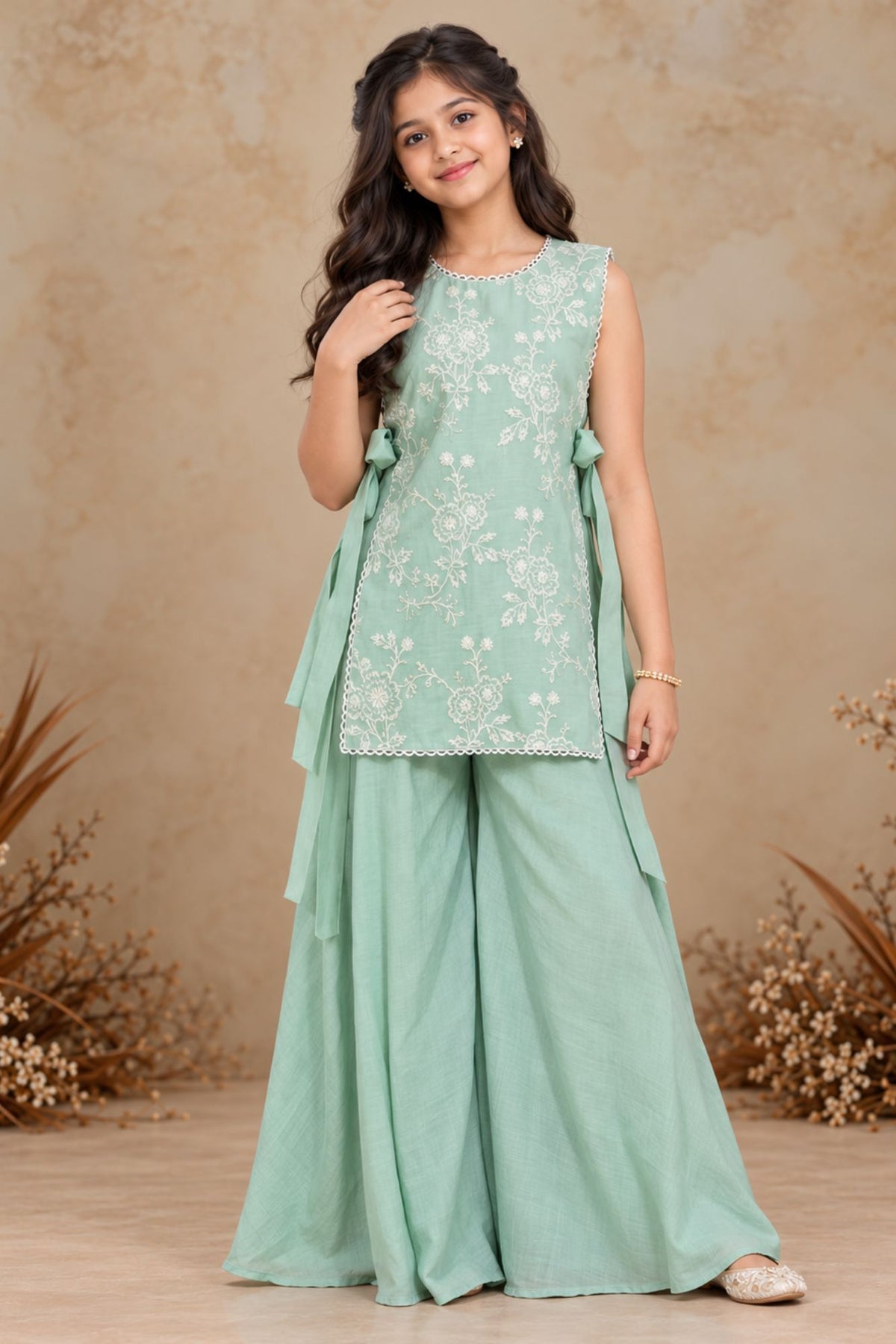Girls Sea Green Floral Embroidered Palazzo Set With Dupatta