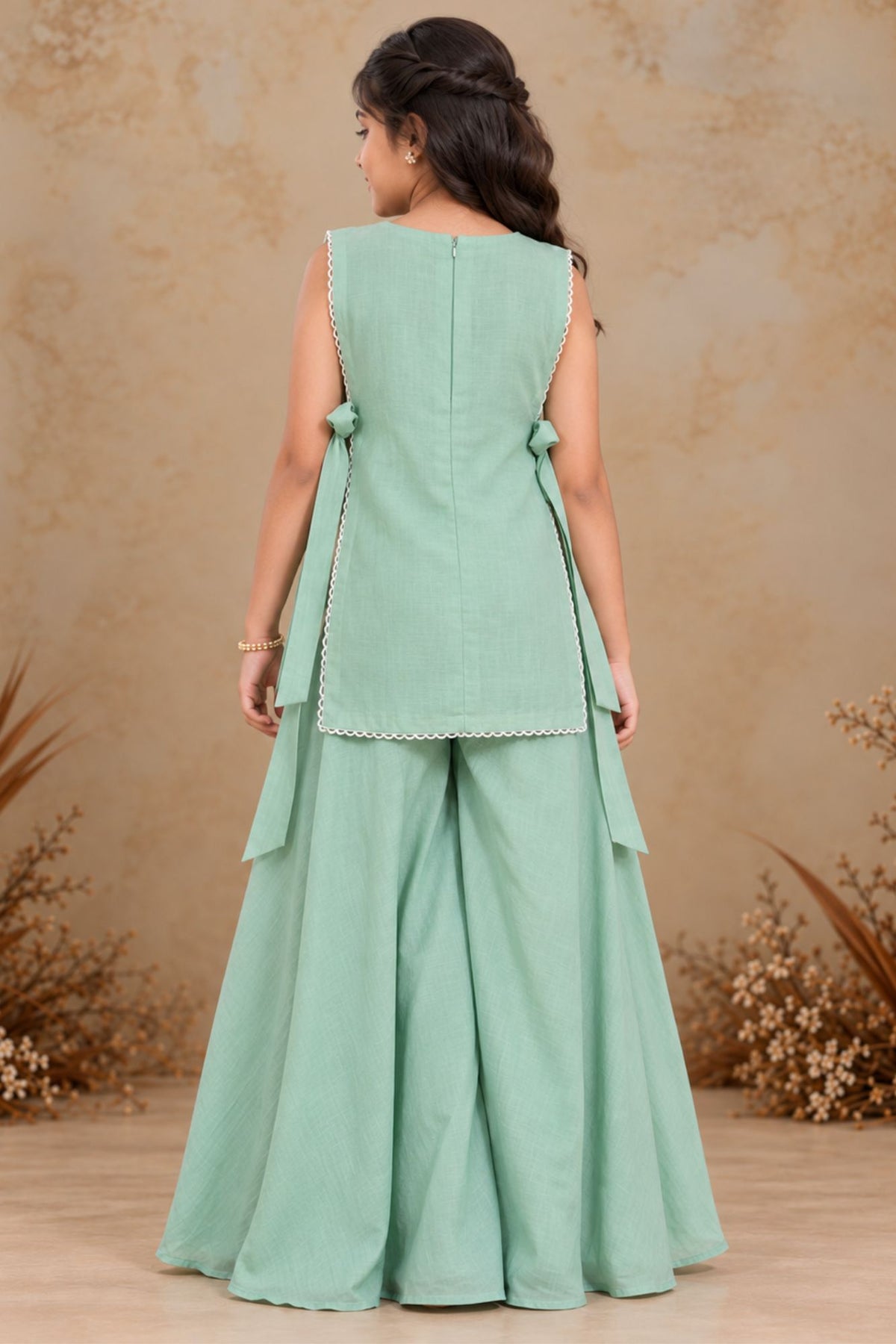 Girls Sea Green Floral Embroidered Palazzo Set With Dupatta