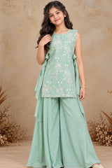 Girls Sea Green Floral Embroidered Palazzo Set With Dupatta
