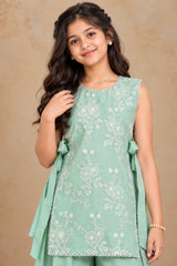 Girls Sea Green Floral Embroidered Palazzo Set With Dupatta