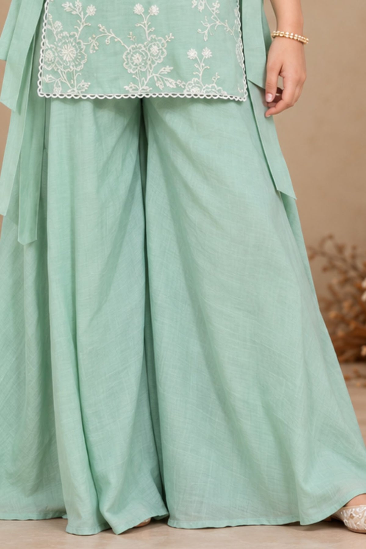 Girls Sea Green Floral Embroidered Palazzo Set With Dupatta