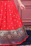 Navy Blue and Red Pattu Pavadai Set With Intricate Zari Border For Girls