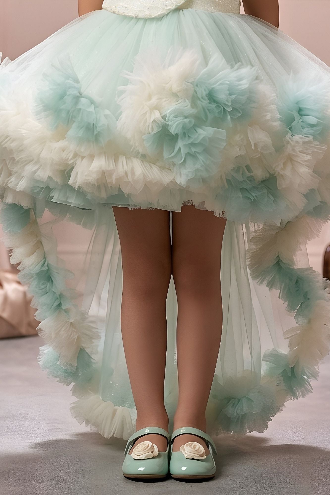 Girls Mint Green & Ivory High-Low Ruffle Party Dress
