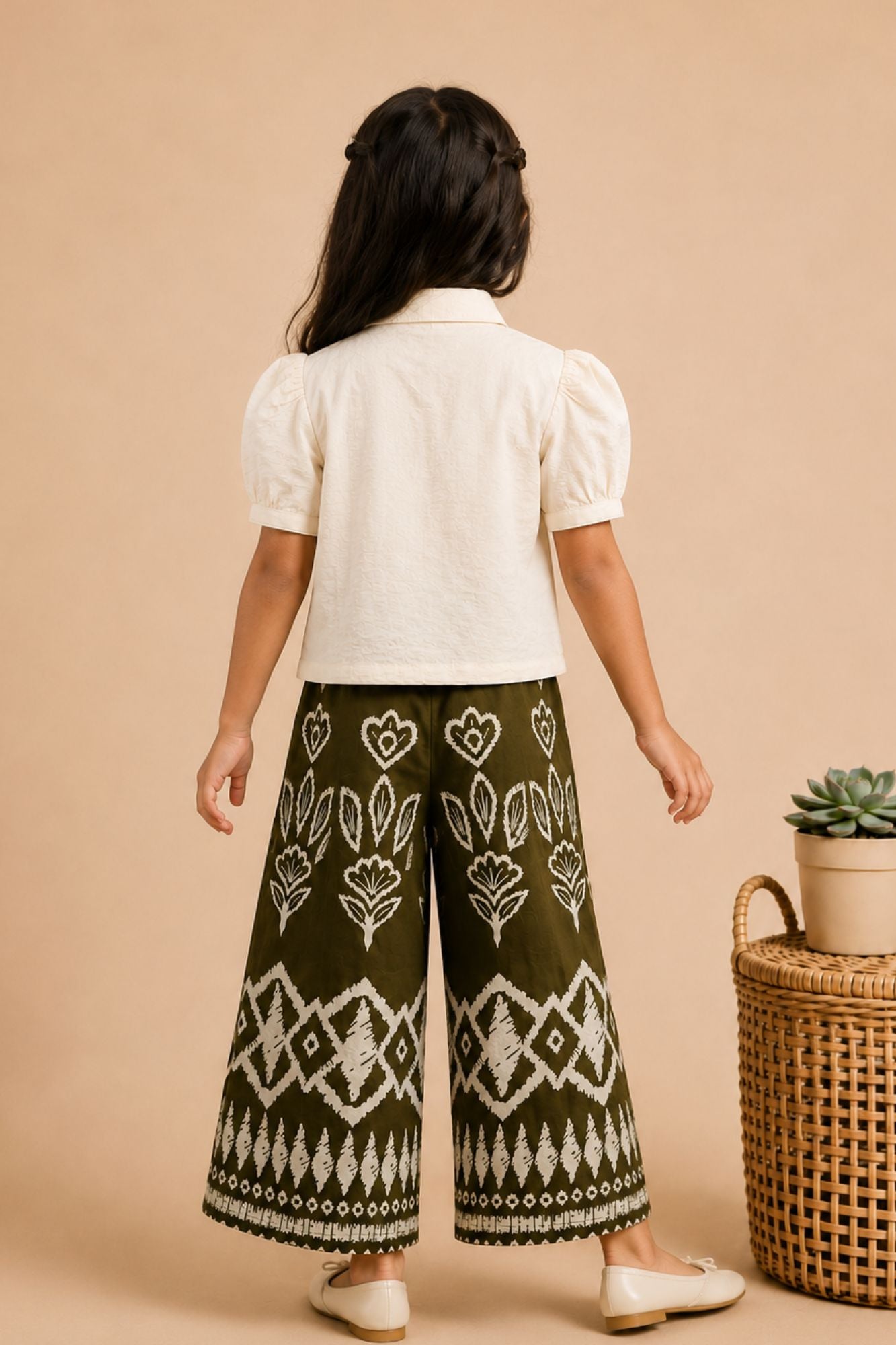 Girls Green Puff Sleeve Shirt Top And Printed Wide-Leg Culotte Co-Ord Set