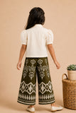Girls Green Puff Sleeve Shirt Top And Printed Wide-Leg Culotte Co-Ord Set