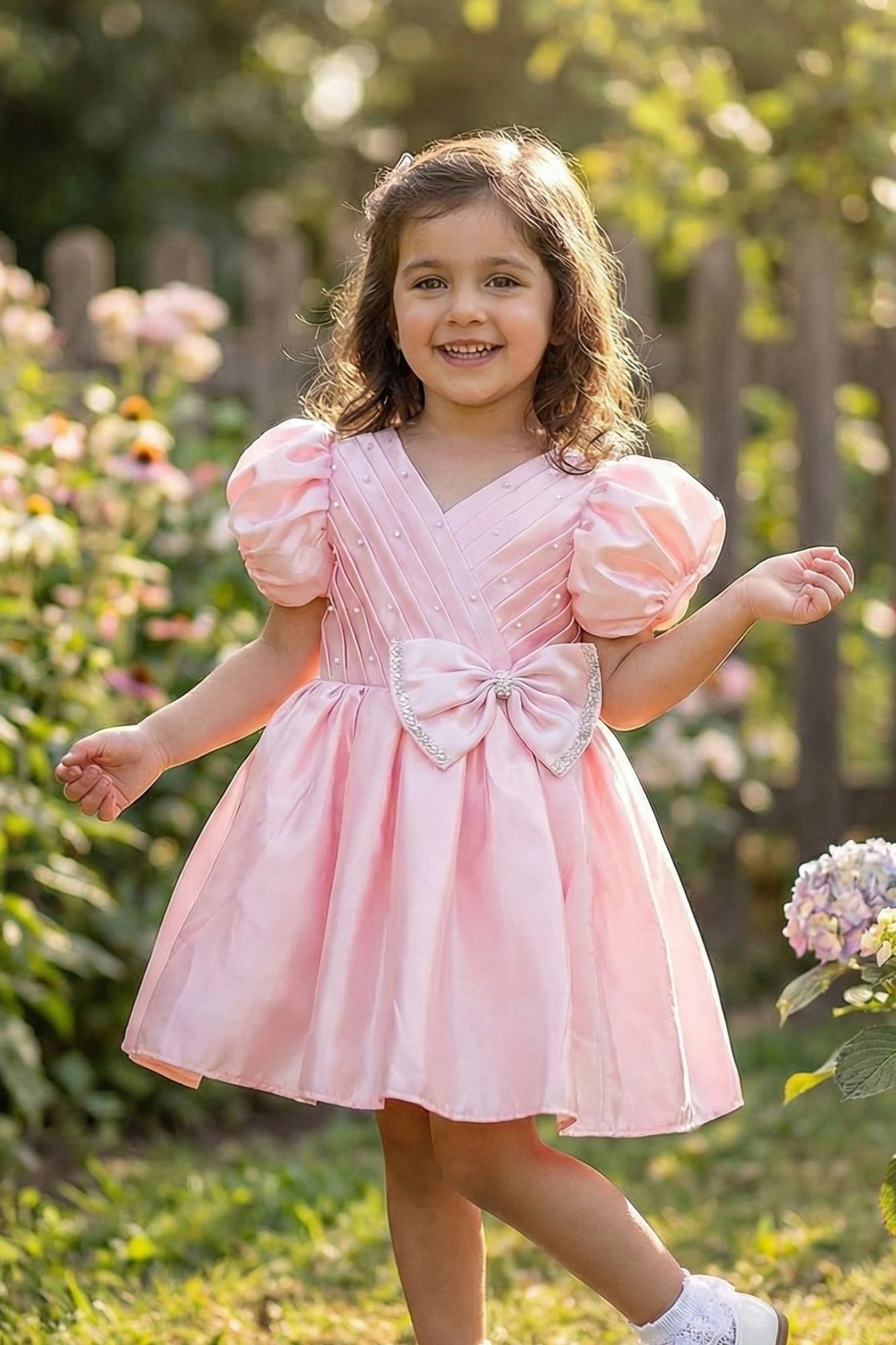 Blush Pink Pleated Satin Party Wear Frock With Puff Sleeves For Girls