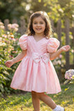 Blush Pink Pleated Satin Party Wear Frock With Puff Sleeves For Girls