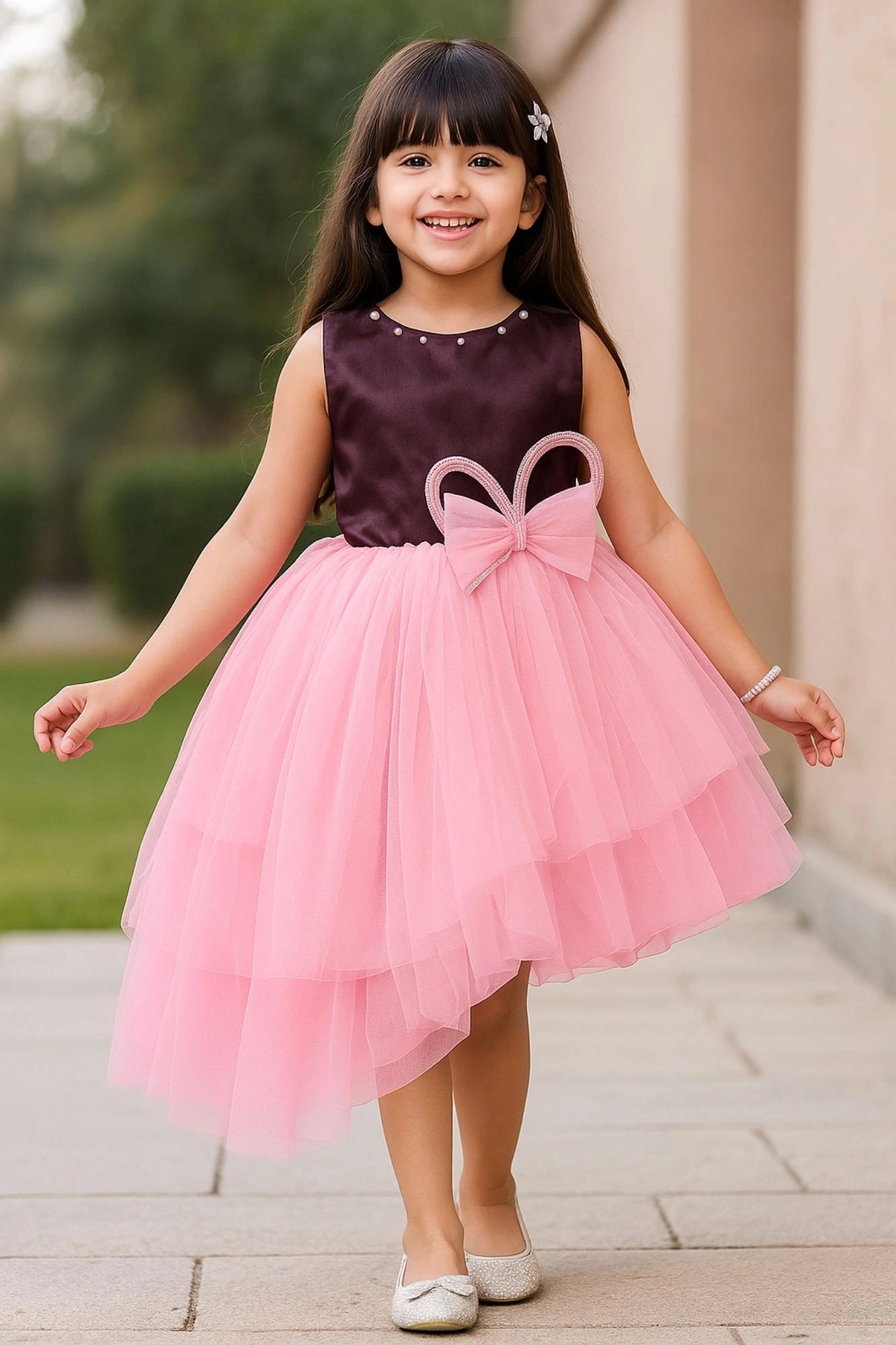 Purple And Pink Party Wear Frock with Layered High-Low Skirt For Girls