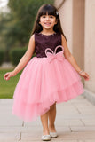 Purple And Pink Party Wear Frock with Layered High-Low Skirt For Girls