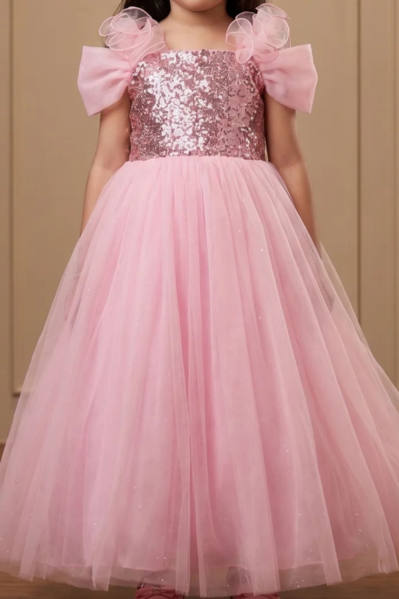 Girls Baby Pink Sequin Party Wear Gown with Bow Sleeves